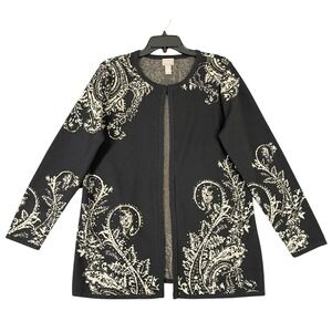 Chicos Paisley Metallic Knit Open Front Cardigan Sweater Jacket Black L Womens